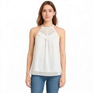 White Lace Halter Size Large B-Sharp Tie-Back Top – Elegant Boho Crochet Detail